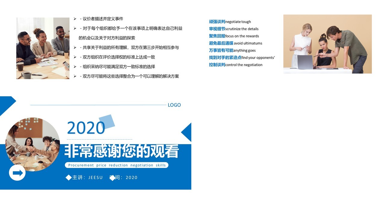 蓝色商务公司采购降价谈判技巧学习PPT模板