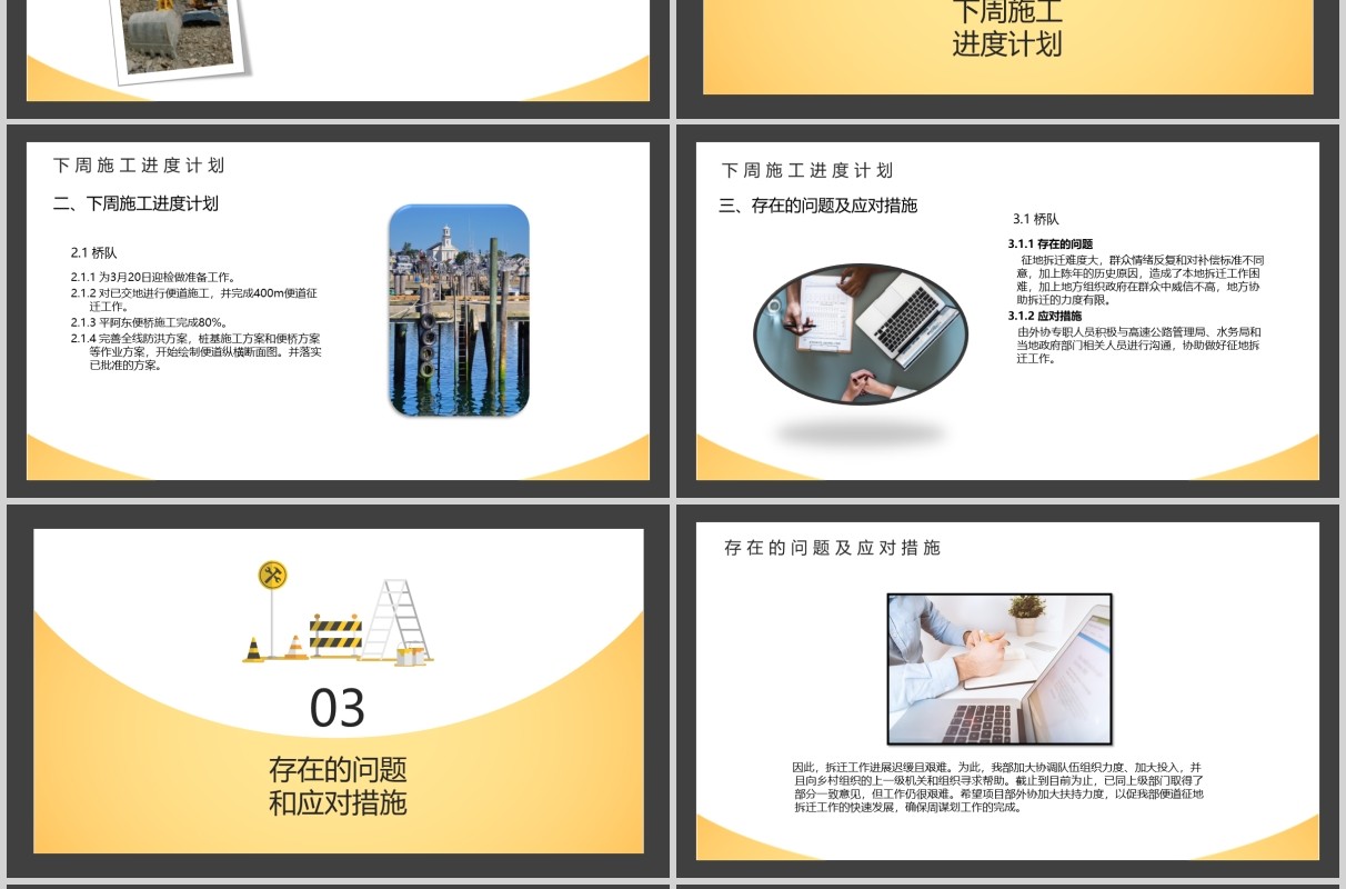 黄色安全施工周例会工作汇报PPT模板