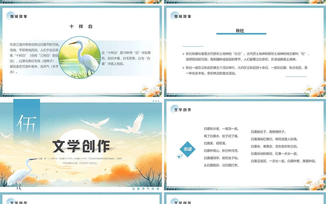 蓝色插画风二十四节气之白露PPT模板