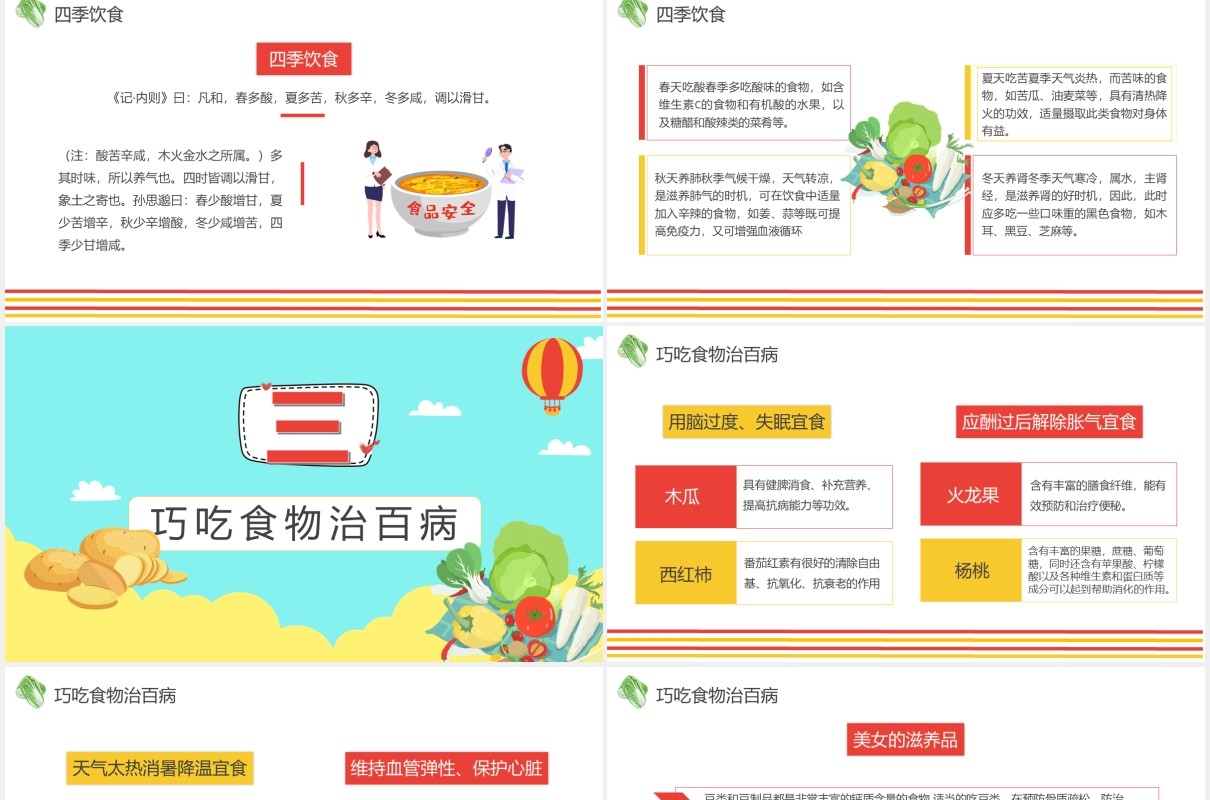 简约卡通风健康饮食生活小常识课件通用PPT模板