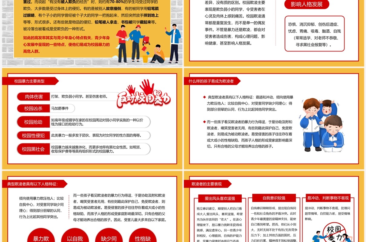 黄色卡通风反对校园暴力主题班会PPT模板