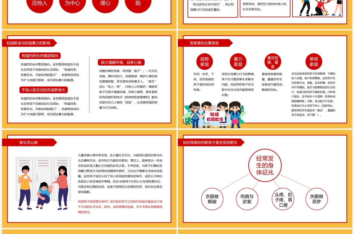黄色卡通风反对校园暴力主题班会PPT模板