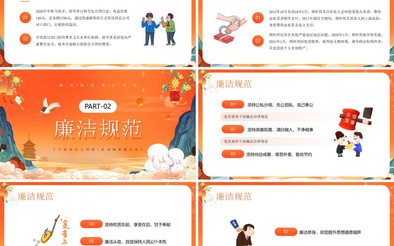 橙色国潮风中秋节廉洁提醒PPT模板