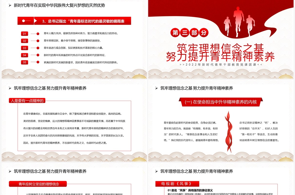 红色简约风青年精神素养提升专题党课教育PPT模板