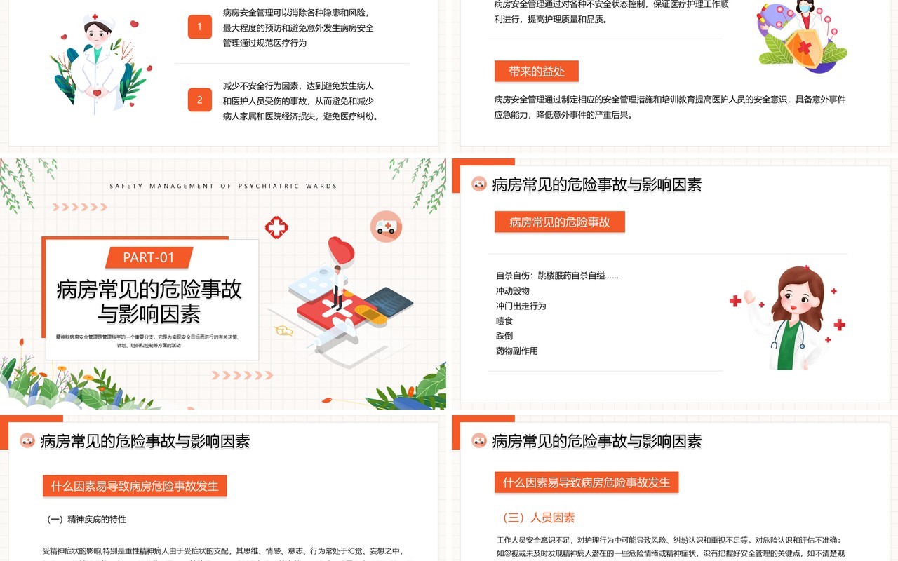 橙色插画风精神科病房安全管理PPT模板