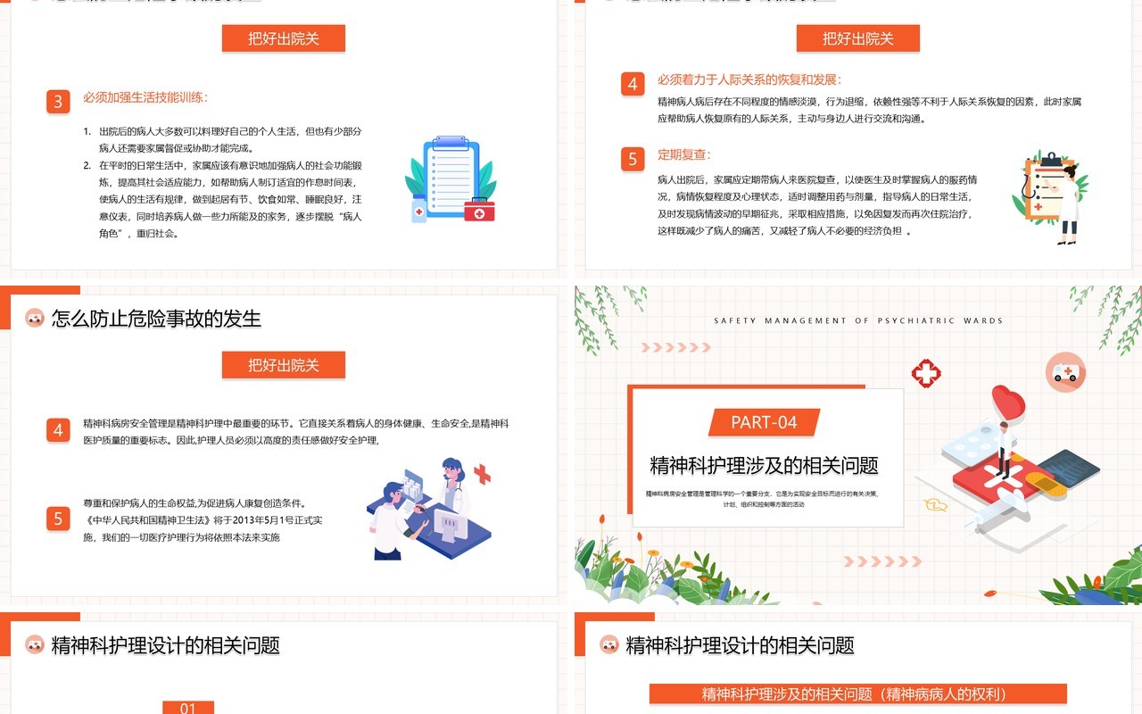 橙色插画风精神科病房安全管理PPT模板