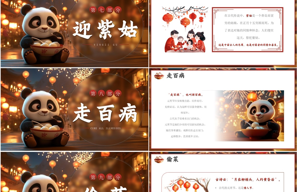 红色插画风九种元宵节习俗介绍PPT模板
