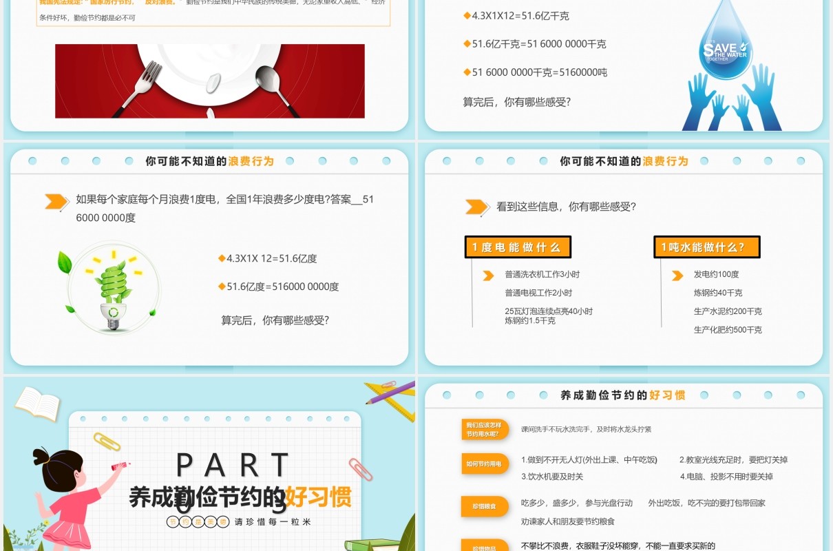 中小学勤俭节约杜绝浪费节约每一粒粮食主题班会教育PPT模板