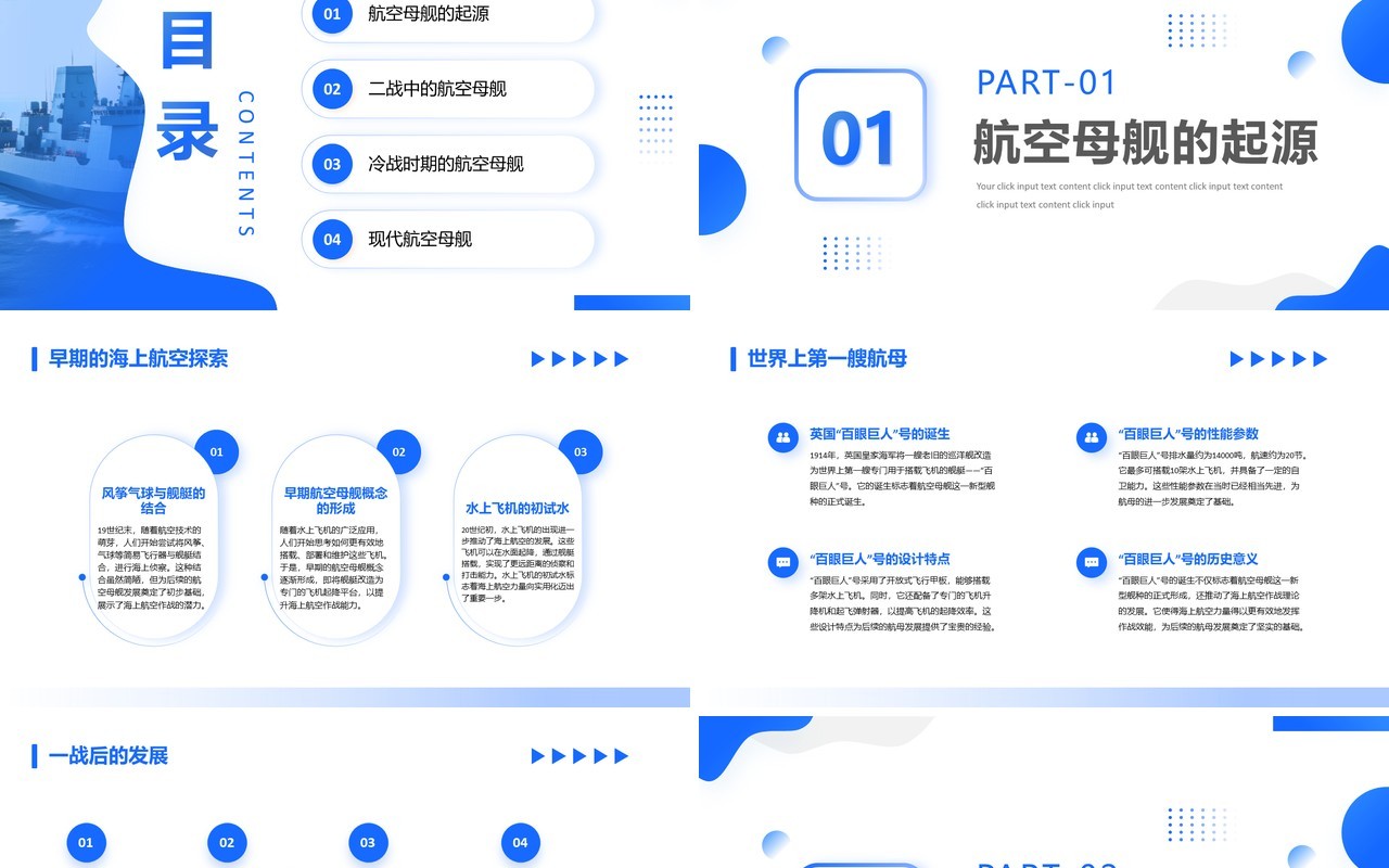 蓝色简约风航空母舰发展史介绍PPT模板
