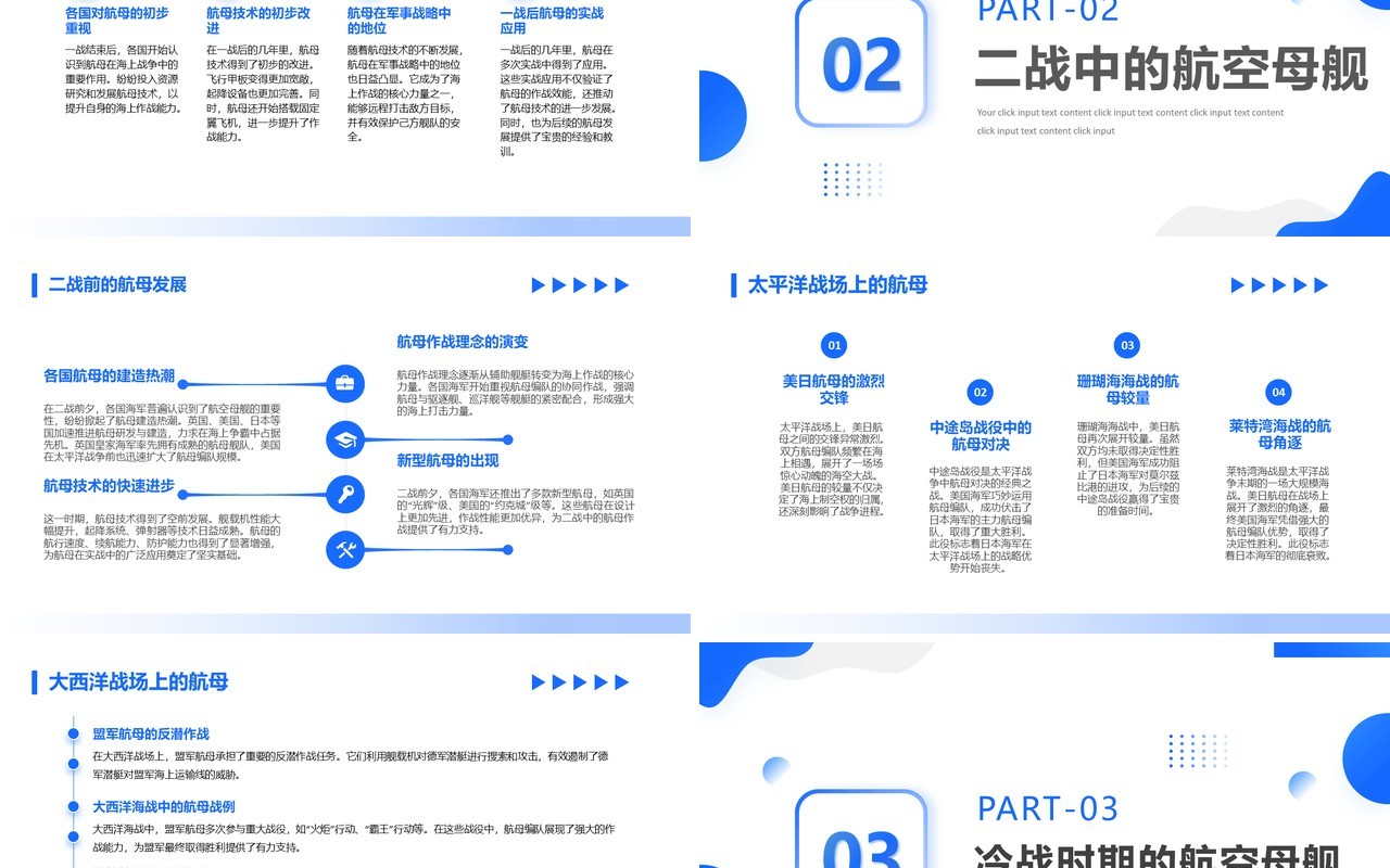 蓝色简约风航空母舰发展史介绍PPT模板
