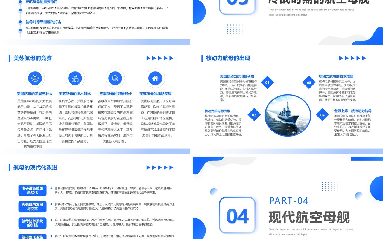 蓝色简约风航空母舰发展史介绍PPT模板