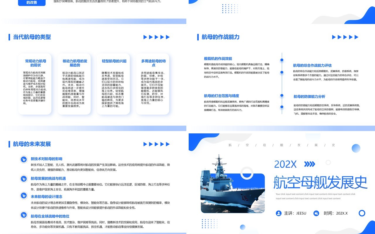 蓝色简约风航空母舰发展史介绍PPT模板