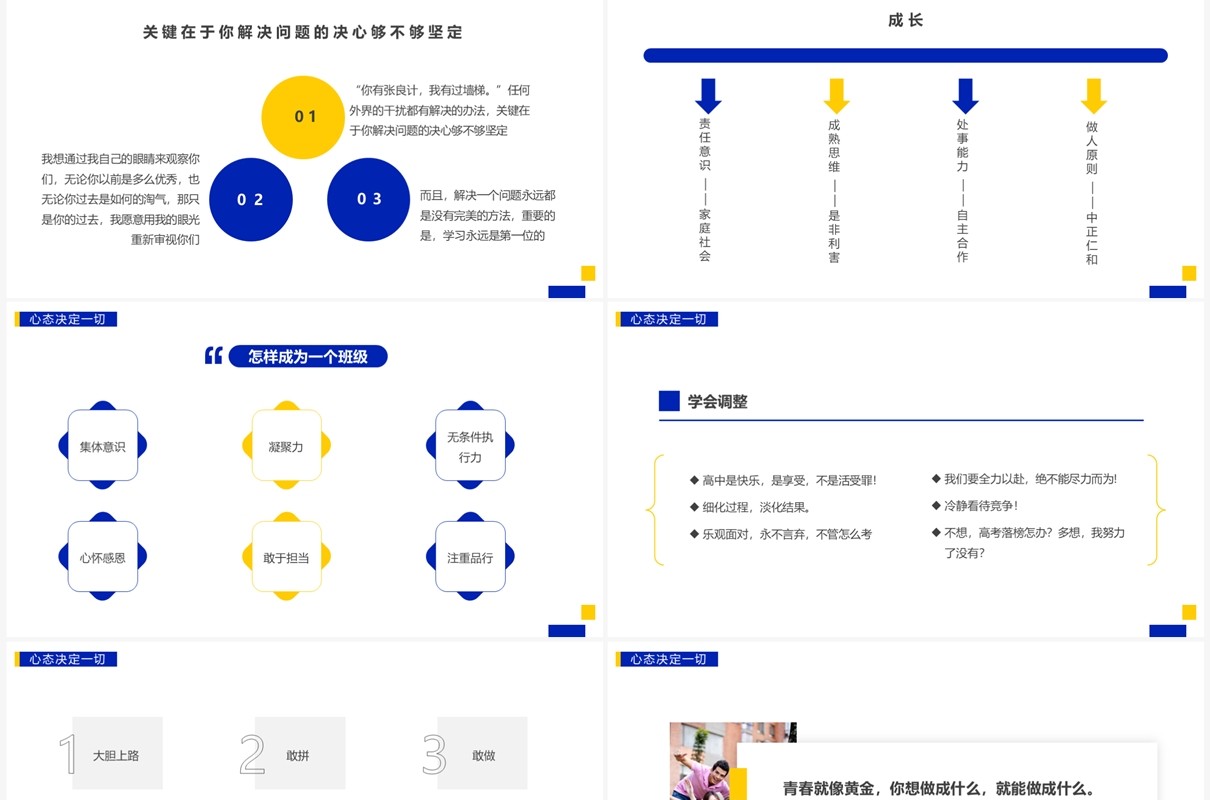黄蓝简约风高中开学第一课主题班会PPT模板