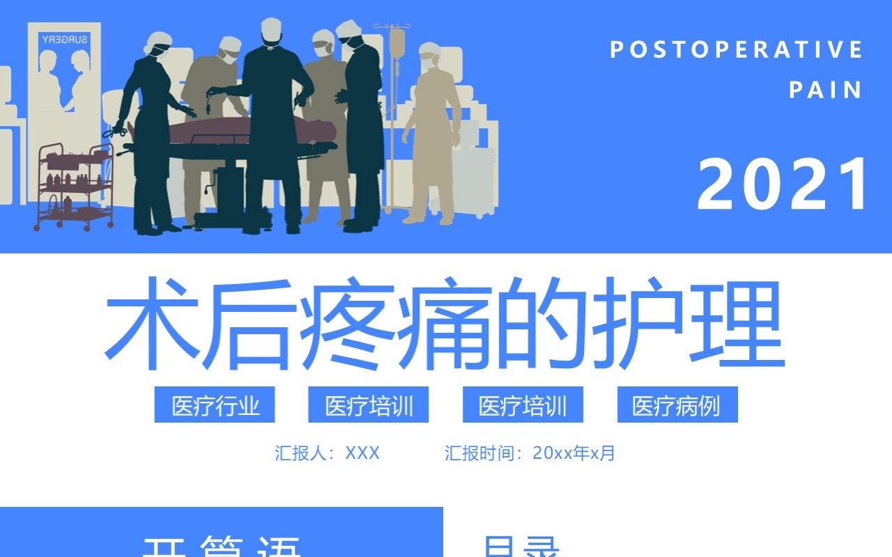 蓝色简约术后疼痛的护理通用PPT模板