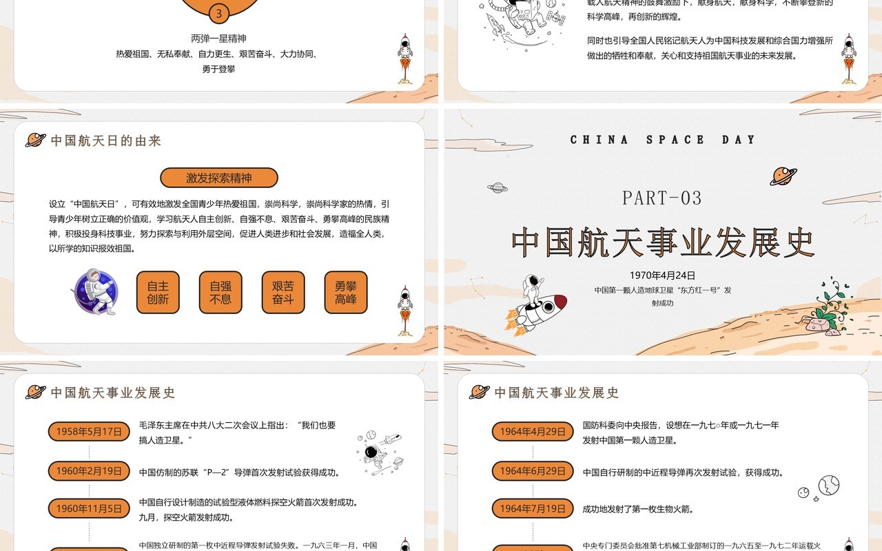 橙色卡通手绘风中国航天日介绍PPT模板