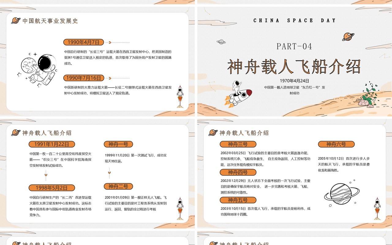 橙色卡通手绘风中国航天日介绍PPT模板