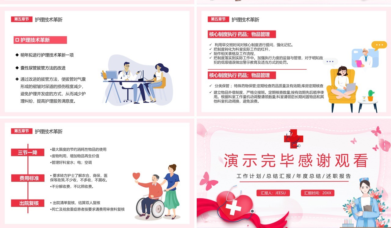 粉色卡通护士长述职报告工作计划汇报总结通用PPT模板