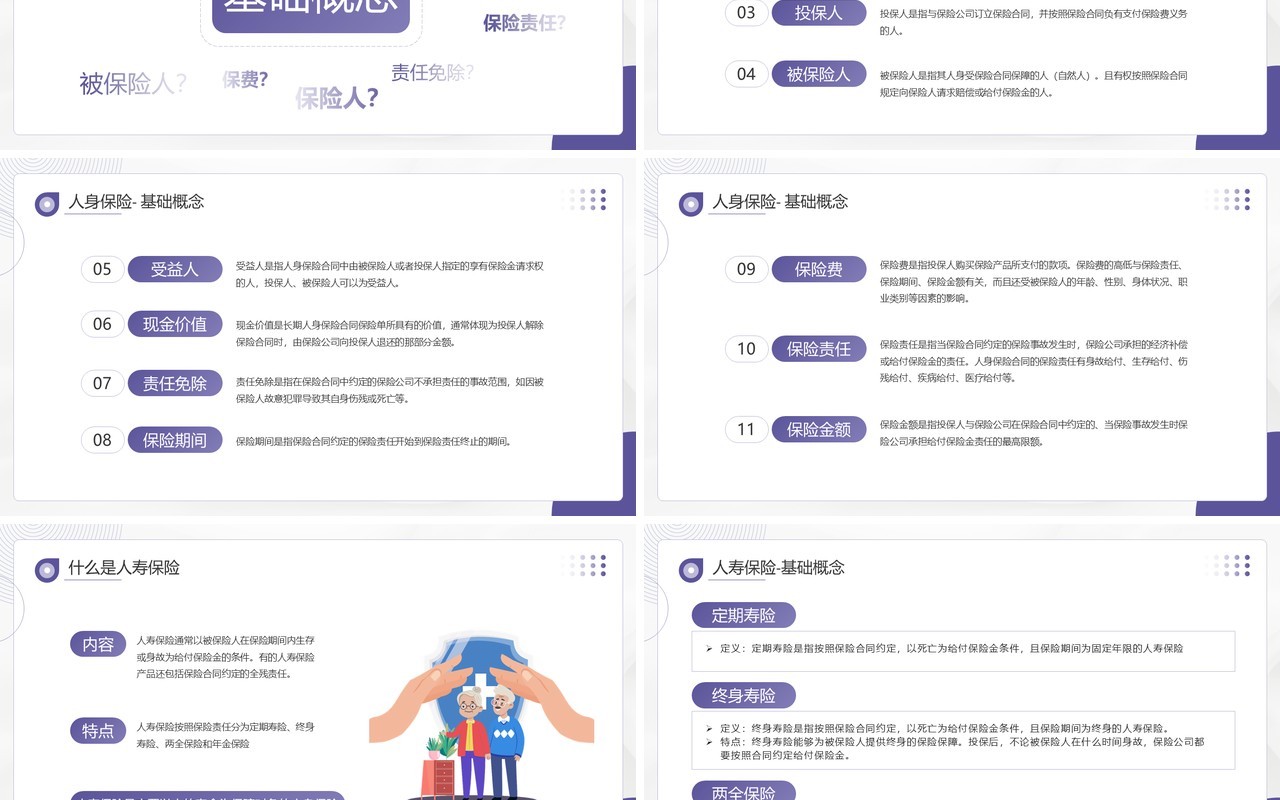 紫色简约风保险基础知识介绍PPT模板