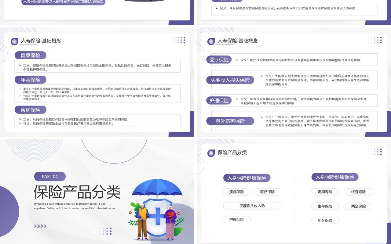 紫色简约风保险基础知识介绍PPT模板