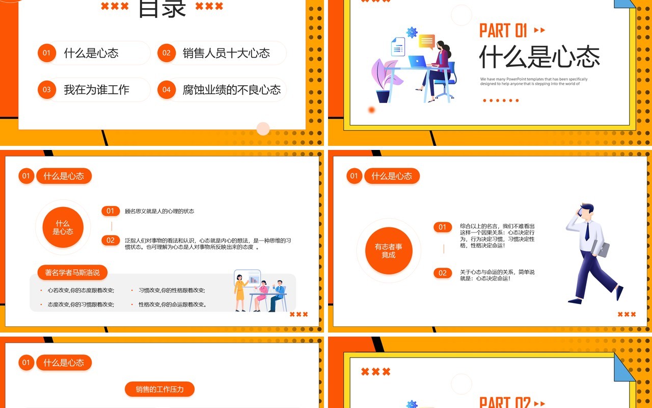 橙色孟菲斯销售人员心态培训PPT模板