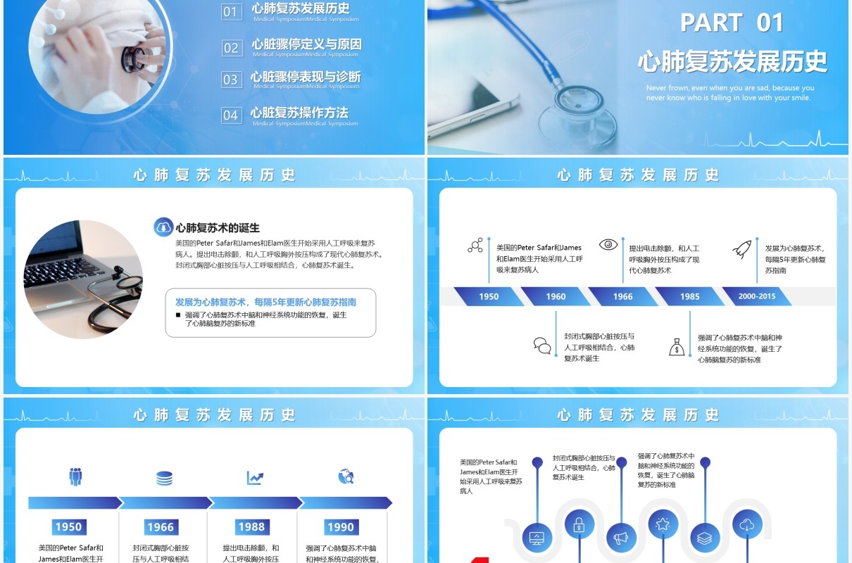 蓝色商务风心肺复苏医疗健康教育培训课件PPT模版