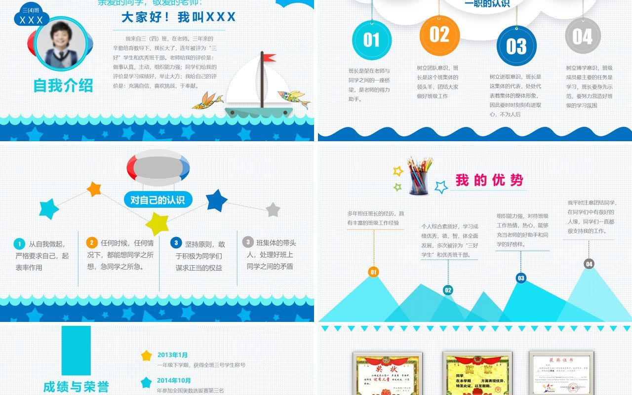 蓝色小学生自我介绍简历大队长竞选PPT模板