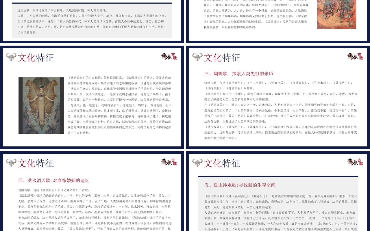 蓝色中国民族风非遗系列之苗族古歌PPT模板