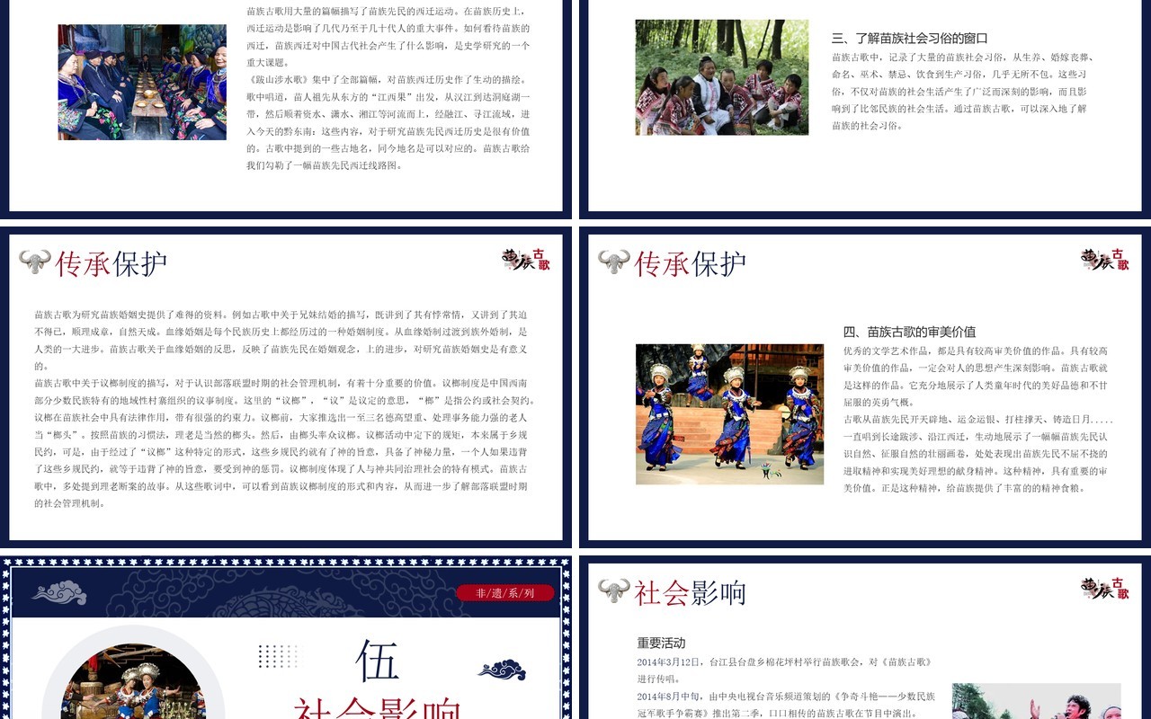 蓝色中国民族风非遗系列之苗族古歌PPT模板