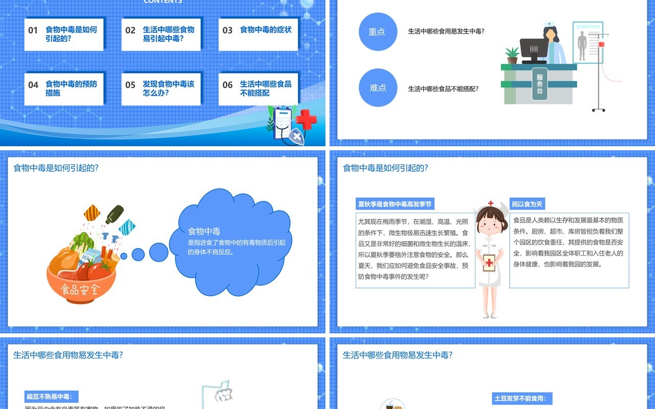 蓝色简约风预防食物中毒安全教育主题班会PPT模板