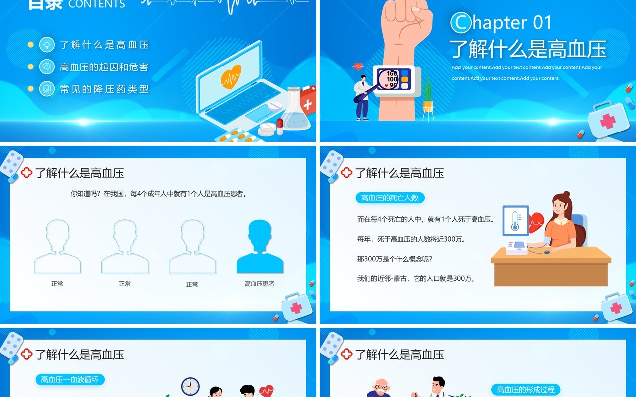 蓝色卡通风国际高血压日科普PPT模板