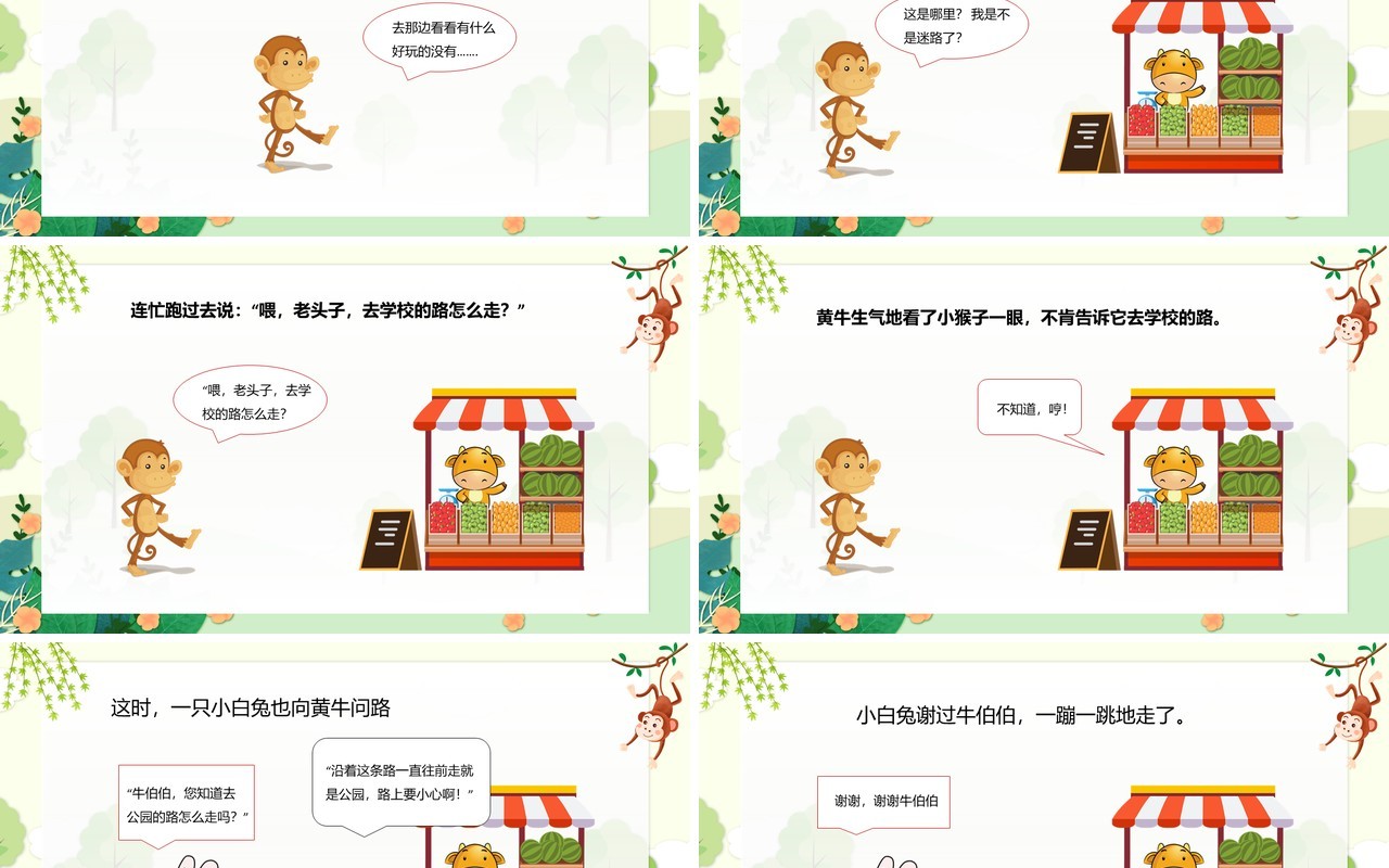 绿色卡通儿童绘本故事小猴子问路PPT模板