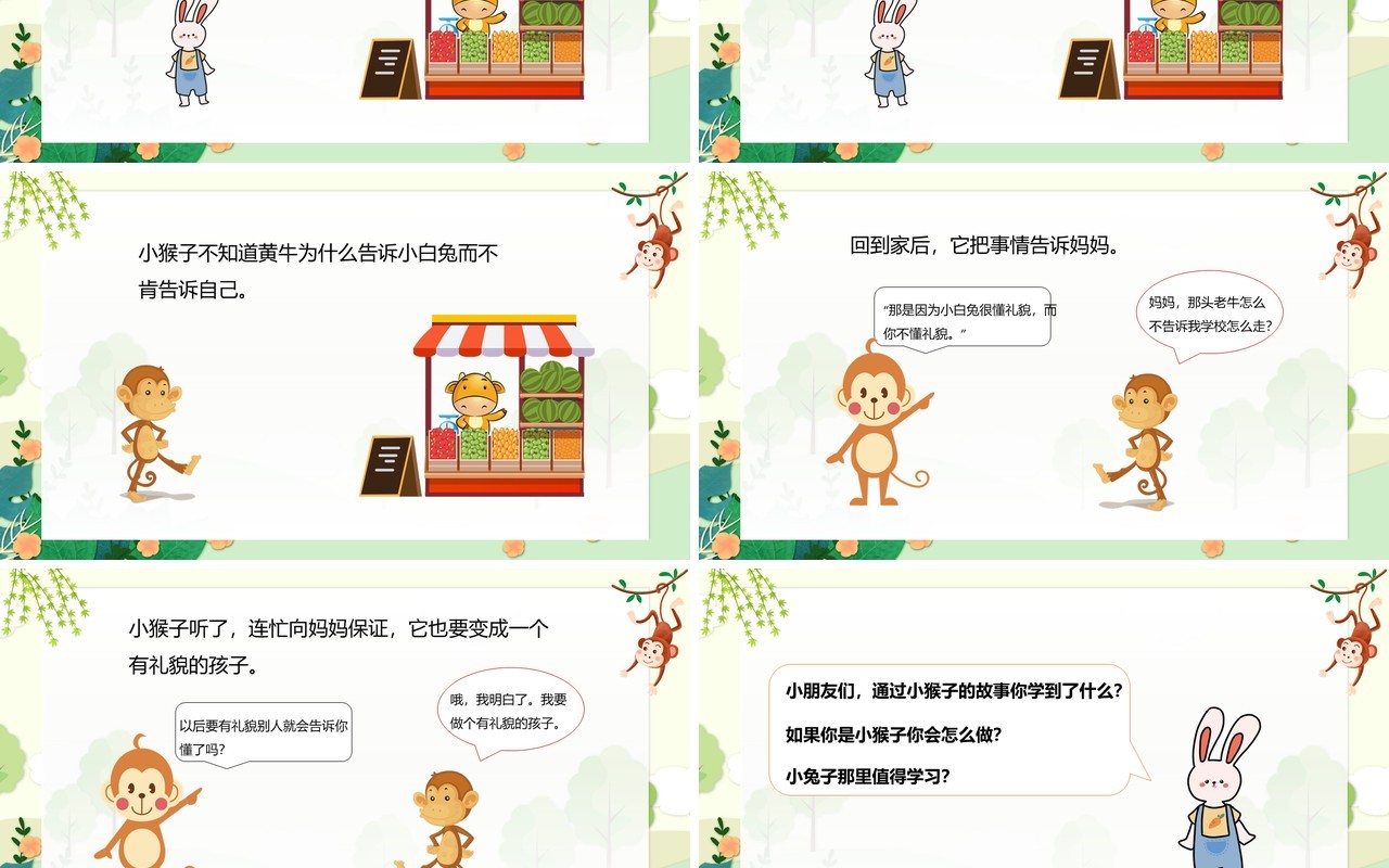 绿色卡通儿童绘本故事小猴子问路PPT模板