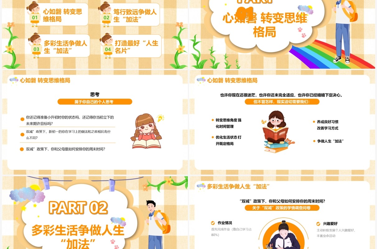 橙色卡通双减主题班会动态PPT模板