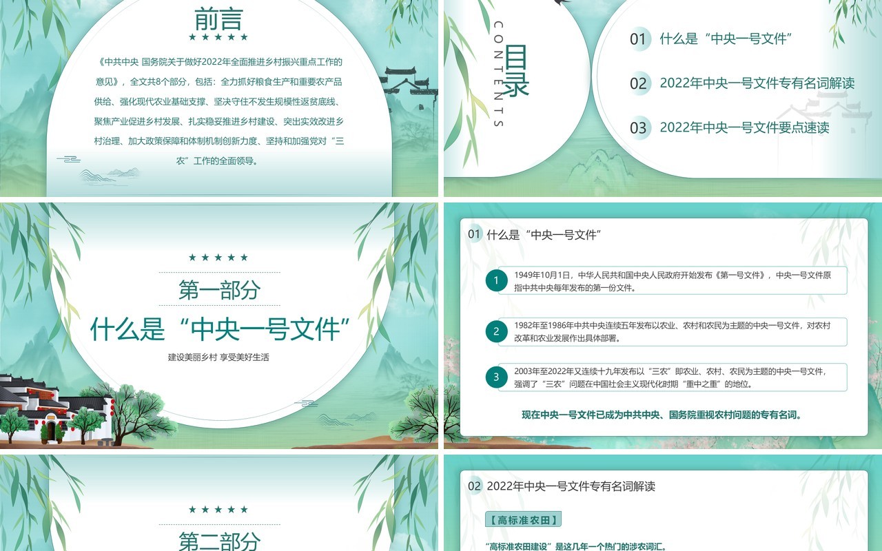 绿色中国风2022年中央一号文件解读PPT模板