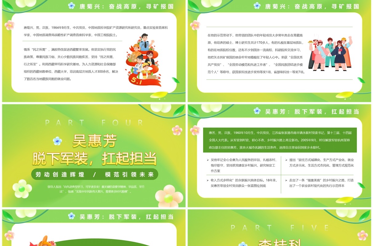 绿色清新风中国劳模人物介绍PPT模板