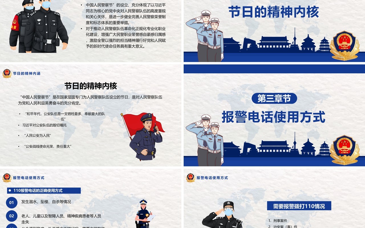蓝色简约中国人民警察节宣传介绍PPT模板