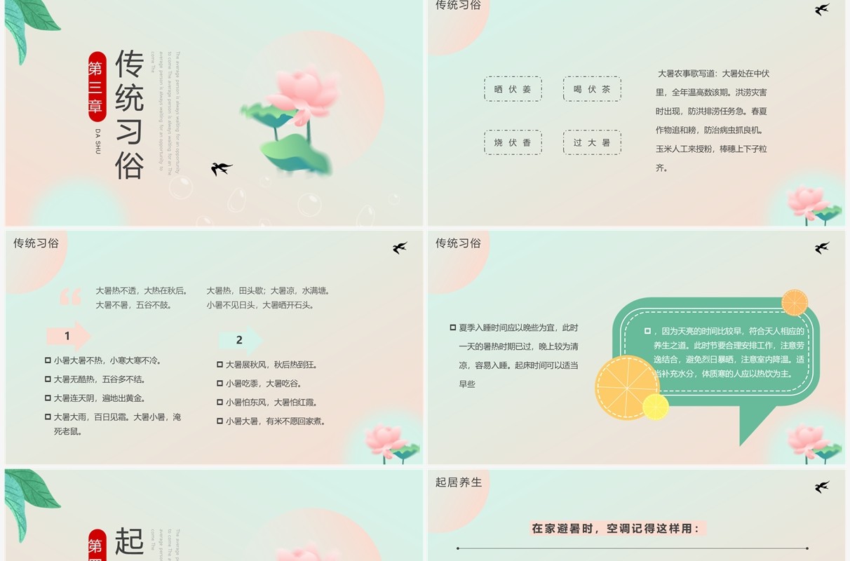 粉绿色中国风二十四节气之大暑介绍PPT模板