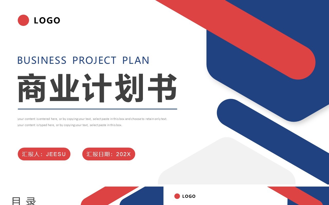 红蓝色简约风商业项目计划书PPT模板