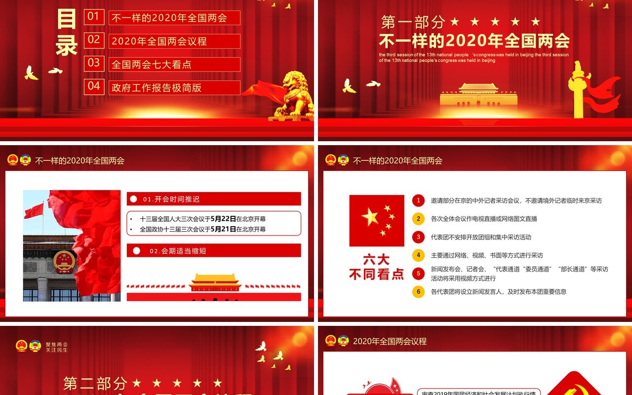 红色2020全国两会议程政府工作报告总结学习党建PPT模板