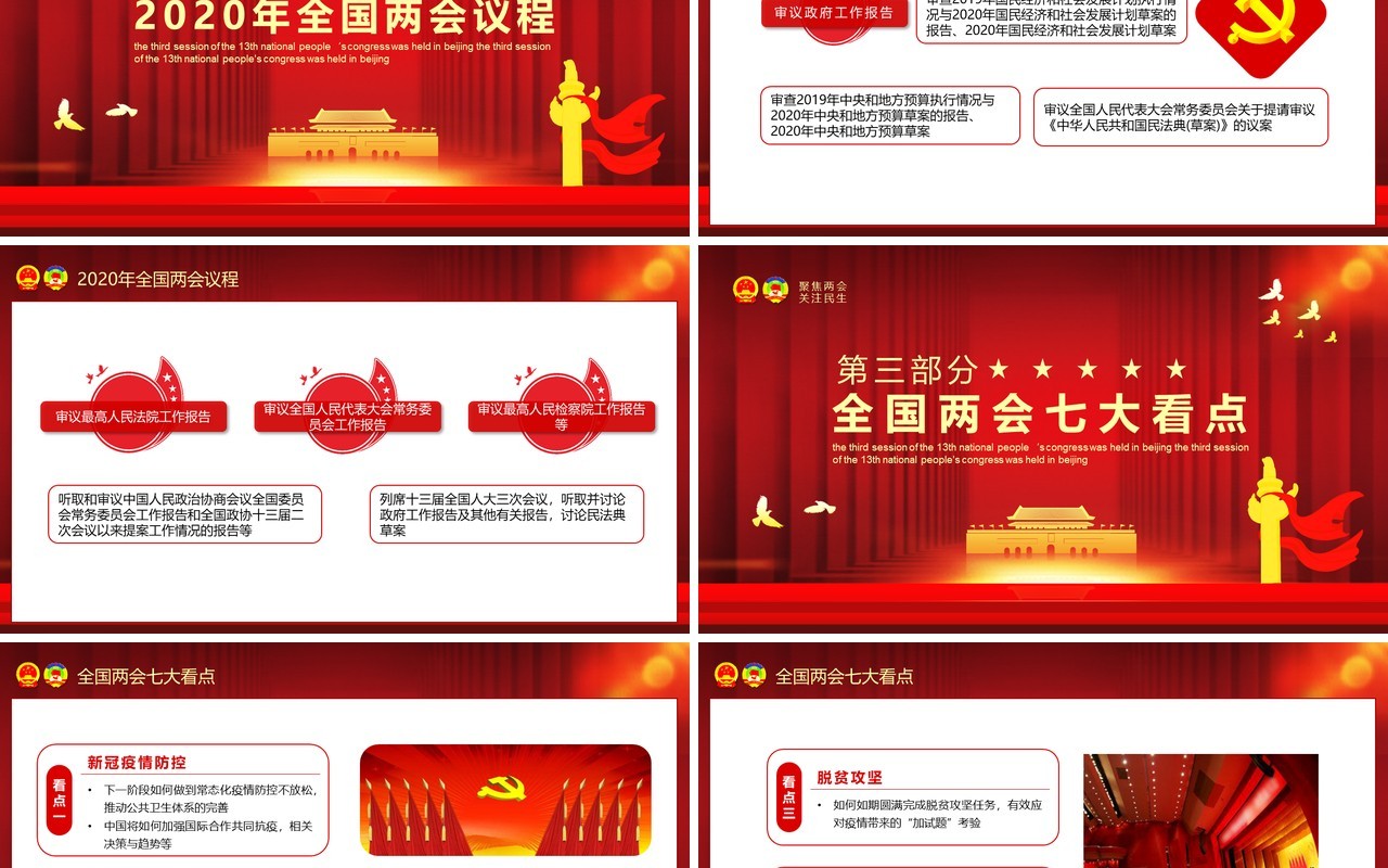 红色2020全国两会议程政府工作报告总结学习党建PPT模板