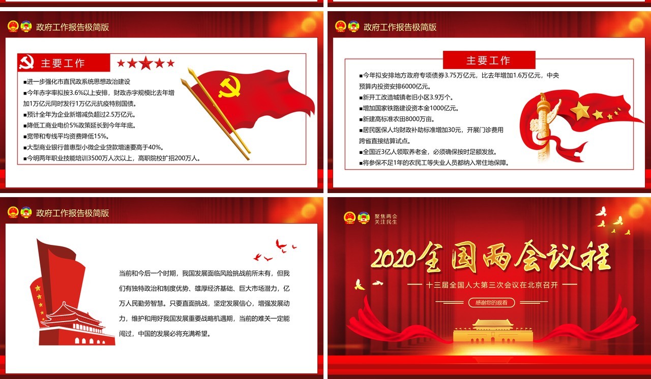 红色2020全国两会议程政府工作报告总结学习党建PPT模板