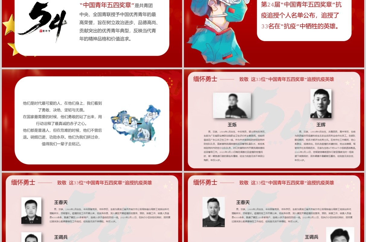 红色大气缅怀勇士致敬33位中国青年五四奖章追授抗疫英雄PPT模板五四青年