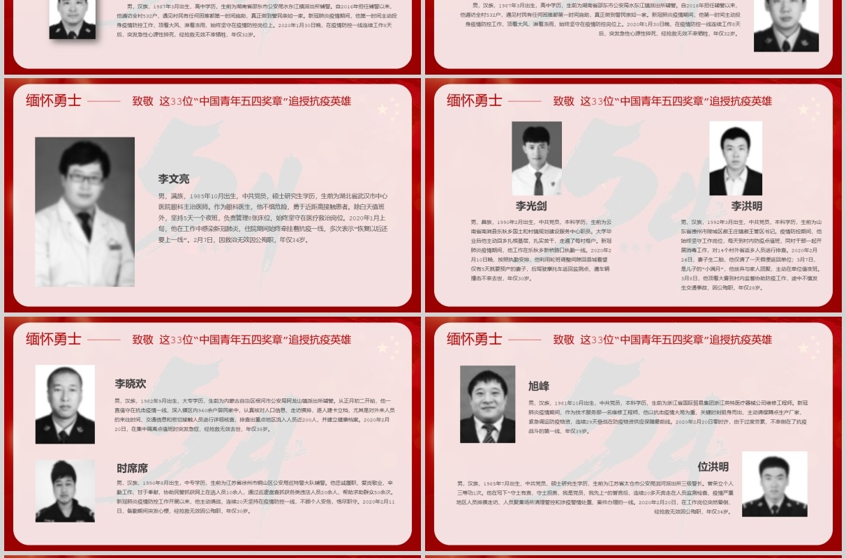 红色大气缅怀勇士致敬33位中国青年五四奖章追授抗疫英雄PPT模板五四青年