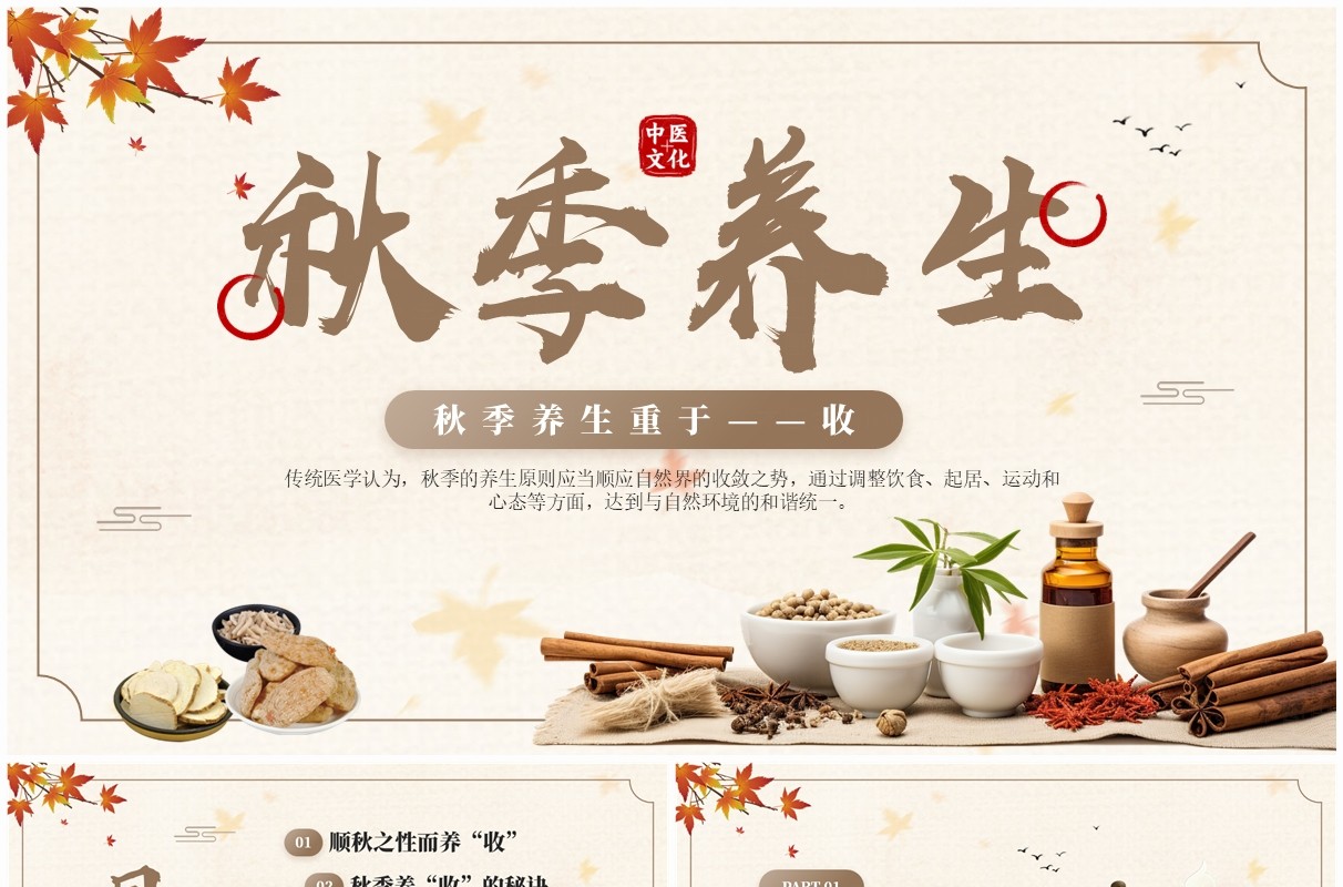 棕色中国风秋季养生中医文化宣传PPT模板