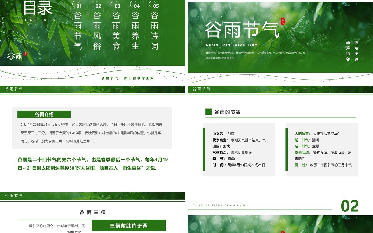 绿色简约风二十四节气之谷雨节气PPT模板
