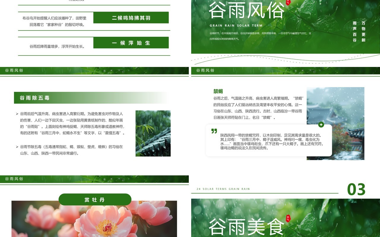 绿色简约风二十四节气之谷雨节气PPT模板