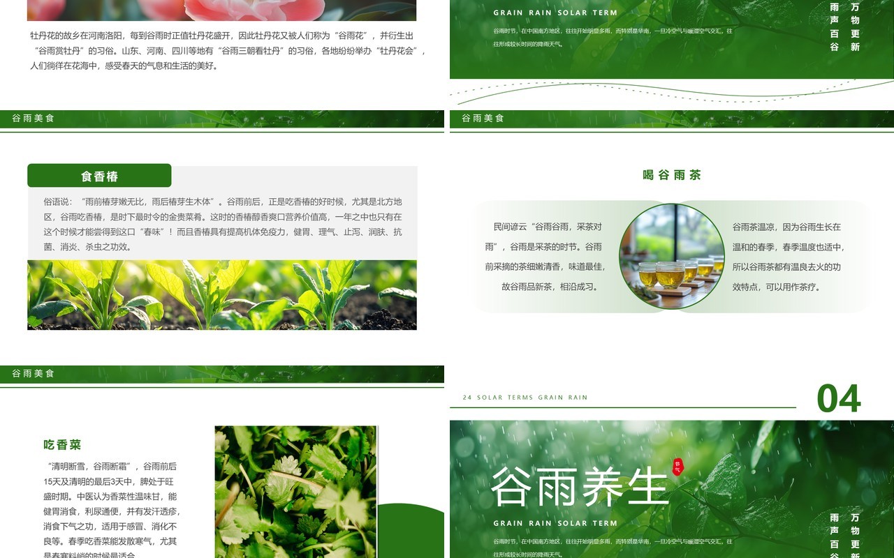 绿色简约风二十四节气之谷雨节气PPT模板