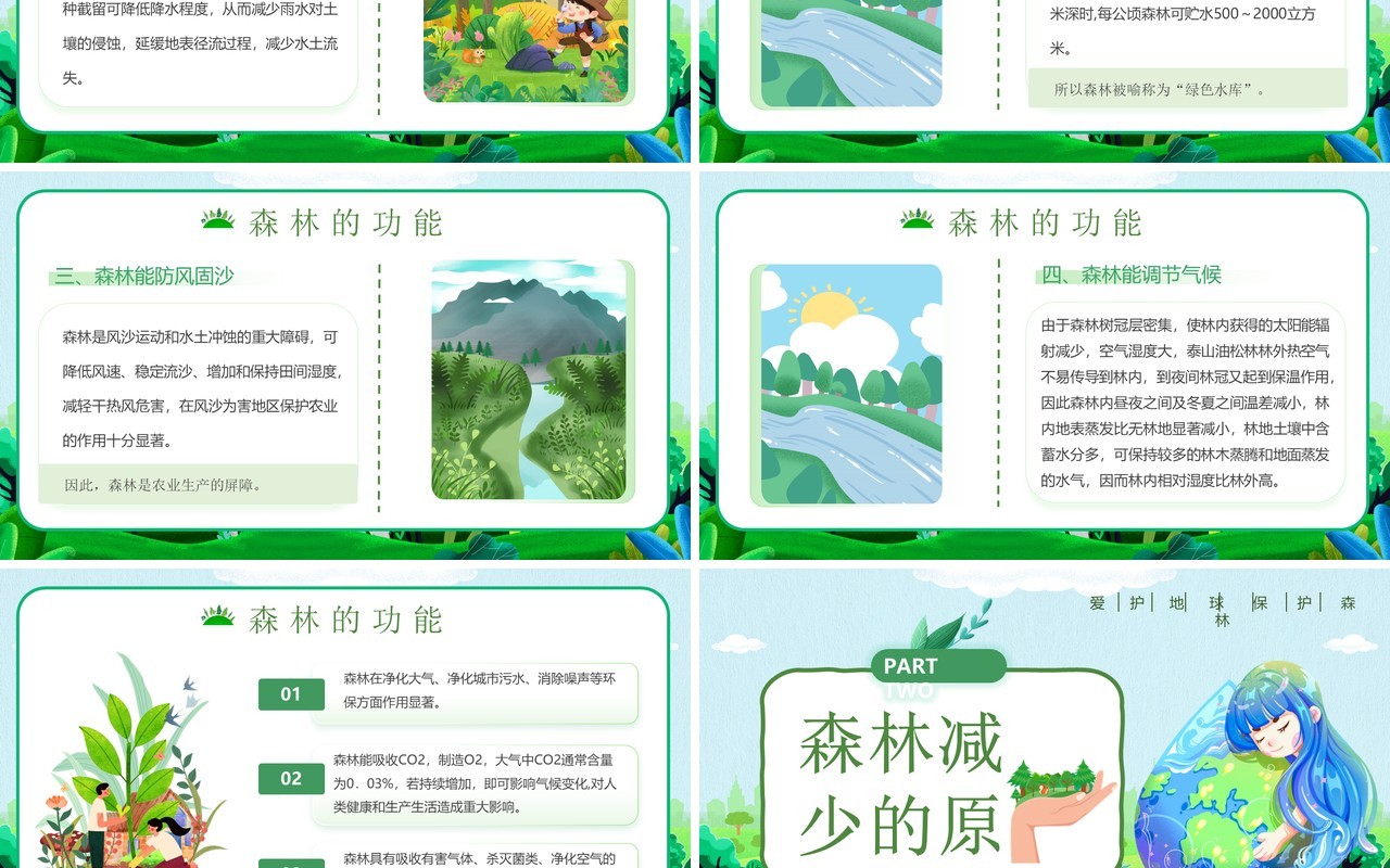 绿色卡通风保护森林爱护地球PPT模板