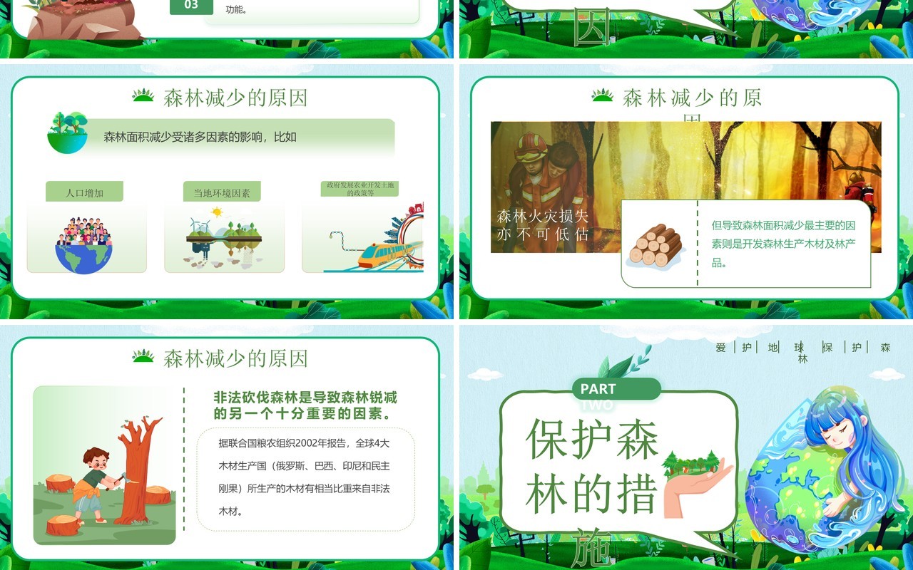 绿色卡通风保护森林爱护地球PPT模板