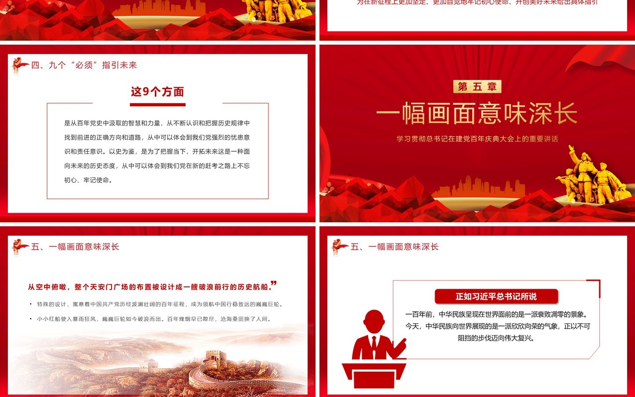 红色党政风学习建党100周年总书记在百年庆典上的重要讲话教育PPT模板